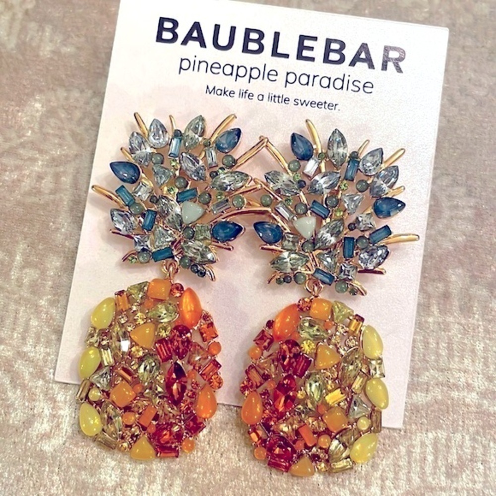 Brand New BaubleBar Tropical Fruit Pineapple Sparkly Jeweled Drop Earrings